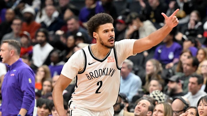 Dec 19, 2024; Toronto, Ontario, CAN;  Brooklyn Nets forward Cam Johnson (2) reacts after making a three point basket against the Toronto Raptors in the second half at Scotiabank Arena. Mandatory Credit: Dan Hamilton-Imagn Images