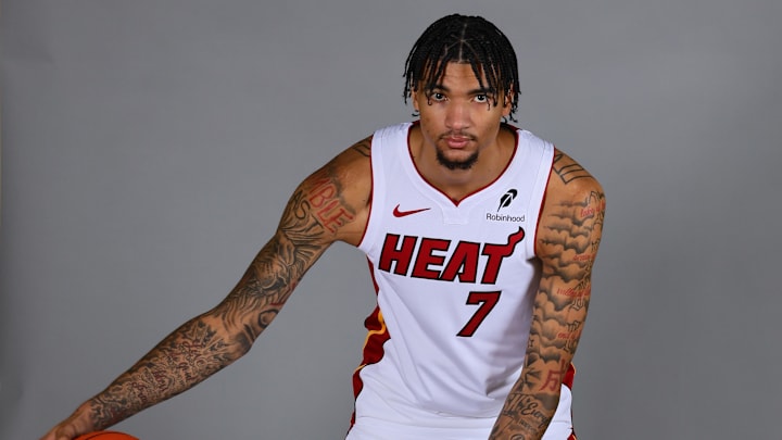 Sep 30, 2024; Miami, FL, USA; Miami Heat center Kel'el Ware (7) poses for a photo during media day at Kaseya Center 