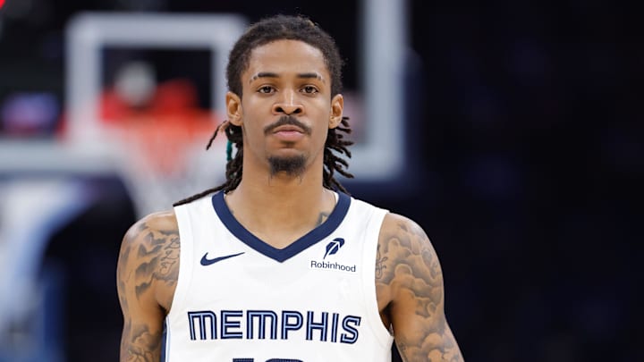 Apr 22, 2025; Oklahoma City, Oklahoma, USA; Memphis Grizzlies guard Ja Morant (12) walks down the court in the third quarter of game two of first round for the 2024 NBA Playoffs against the Oklahoma City Thunder at Paycom Center. Mandatory Credit: Alonzo Adams-Imagn Images Apr 22, 2025; Oklahoma City, Oklahoma, USA; Memphis Grizzlies guard Ja Morant (12) walks down the court in the third quarter of game two of first round for the 2024 NBA Playoffs against the Oklahoma City Thunder at Paycom Center. Mandatory Credit: Alonzo Adams-Imagn Images