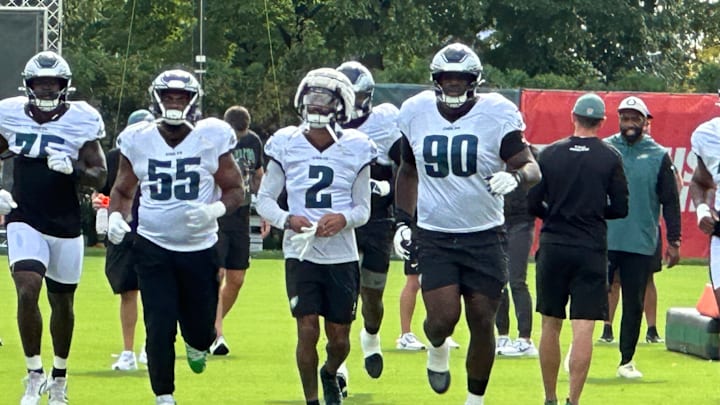 Eagles defenders from left to right: Tarron Jackson, Brandon Graham, Darius Slay, and Jordan Davis Eagles defenders from left to right: Tarron Jackson, Brandon Graham, Darius Slay, and Jordan Davis