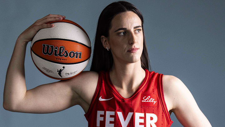 Apr 30, 2025; Indianapolis, IN, USA; Indiana Fever guard Caitlin Clark poses for a photo Wednesday, April 30, 2025, during the Indiana Fever media day at Gainbridge Fieldhouse in Indianapolis. Mandatory Credit: Grace Smith-USA TODAY Network via Imagn Images