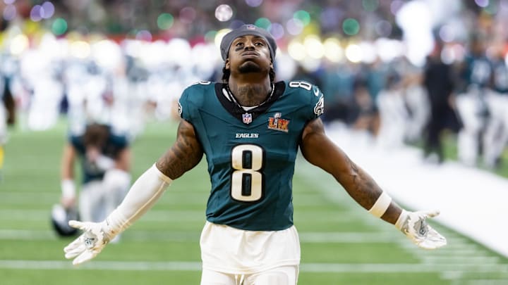 Feb 9, 2025; New Orleans, LA, USA; Philadelphia Eagles safety C.J. Gardner-Johnson (8) against the Kansas City Chiefs during Super Bowl LIX at Ceasars Superdome. Mandatory Credit: Mark J. Rebilas-Imagn Images Feb 9, 2025; New Orleans, LA, USA; Philadelphia Eagles safety C.J. Gardner-Johnson (8) against the Kansas City Chiefs during Super Bowl LIX at Ceasars Superdome. Mandatory Credit: Mark J. Rebilas-Imagn Images