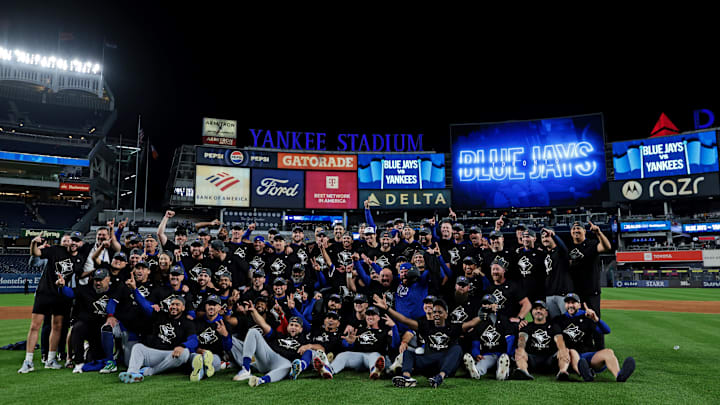 Oct 8, 2025; Bronx, New York, USA; The Toronto Blue Jays celebrate after beating the New York Yankees to win the ALDS round for the 2025 MLB playoffs at Yankee Stadium. Mandatory Credit: Vincent Carchietta-Imagn Images