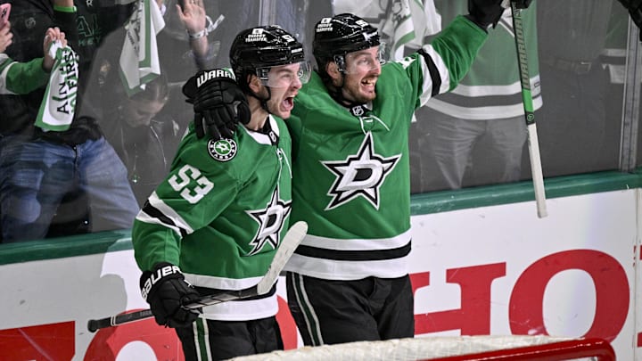Dallas Stars center Wyatt Johnston and center Matt Duchene celebrates the game winning goal scored by Johnston. Dallas Stars center Wyatt Johnston and center Matt Duchene celebrates the game winning goal scored by Johnston.