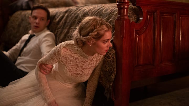 Mark O'Brien and Samara Weaving in the film READY OR NOT