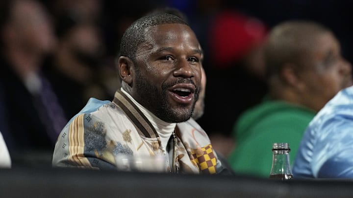 Dec 14, 2024; Las Vegas, Nevada, USA; Floyd Mayweather looks on during the first half between the Milwaukee Bucks and the Atlanta Hawks in a semifinal of the 2024 Emirates NBA Cup at T-Mobile Arena. Mandatory Credit: Kyle Terada-Imagn Images