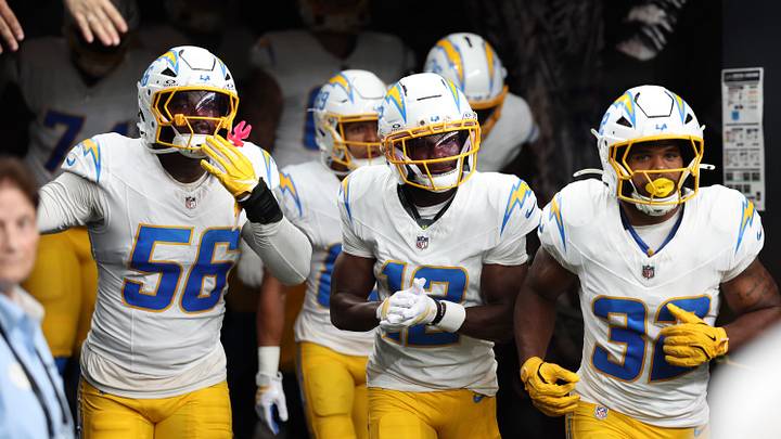 Aug 13, 2026; Houston, Texas, USA;  Los Angeles Chargers wide receiver Derius Davis (12) and teammates before playing against the Houston Texans at Reliant Stadium. Mandatory Credit: Thomas Shea-Imagn Images