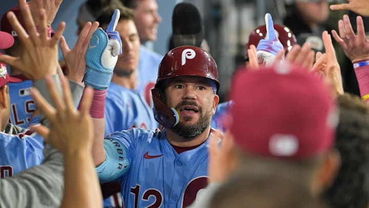 Philadelphia Phillies designated hitter Kyle Schwarber celebrates after hitting a two run home run