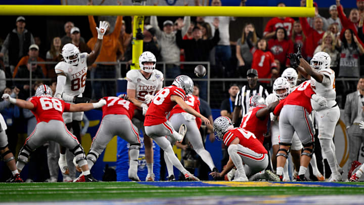 Ohio State Buckeyes place kicker Jayden Fielding in action during the game against Texas in the College Football Playoff.