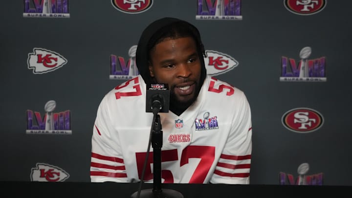 Feb 6, 2024; Las Vegas, NV, USA; San Francisco 49ers linebacker Dre Greenlaw (57) during a press conference before Super Bowl LVIII at the Hilton Lake Las Vegas Resort. Mandatory Credit: Kirby Lee-Imagn Images