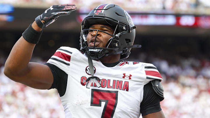 Oct 19, 2024; Norman, Oklahoma, USA;  South Carolina Gamecocks defensive back Nick Emmanwori (7) reacts after returning an interception for a touchdown during the first half against the Oklahoma Sooners at Gaylord Family-Oklahoma Memorial Stadium. Mandatory Credit: Kevin Jairaj-Imagn Images