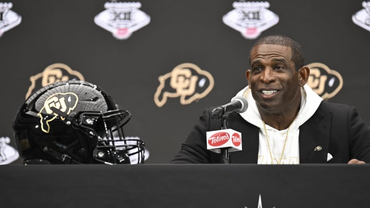 Jul 10, 2024; Las Vegas, NV, USA; Colorado Buffaloes head coach Deion Sanders speaks to the media during the Big 12 Media Days at Allegiant Stadium. Mandatory Credit: Candice Ward-USA TODAY Sports Jul 10, 2024; Las Vegas, NV, USA; Colorado Buffaloes head coach Deion Sanders speaks to the media during the Big 12 Media Days at Allegiant Stadium. Mandatory Credit: Candice Ward-USA TODAY Sports