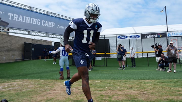 Dallas Cowboys defensive end Micah Parsons enters the field during training camp at the River Ridge Fields.