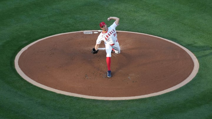 Apr 30, 2024; Anaheim, California, USA; Los Angeles Angels pitcher Tyler Anderson (31) throws in the first inning against the Philadelphia Phillies at Angel Stadium. Mandatory Credit: Kirby Lee-USA TODAY Sports
