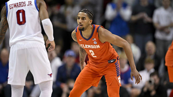 Feb 22, 2025; Dallas, Texas, USA; Clemson Tigers guard Dillon Hunter (2) in action during the game between the SMU Mustangs and the Clemson Tigers at Moody Coliseum. Mandatory Credit: Jerome Miron-Imagn Images