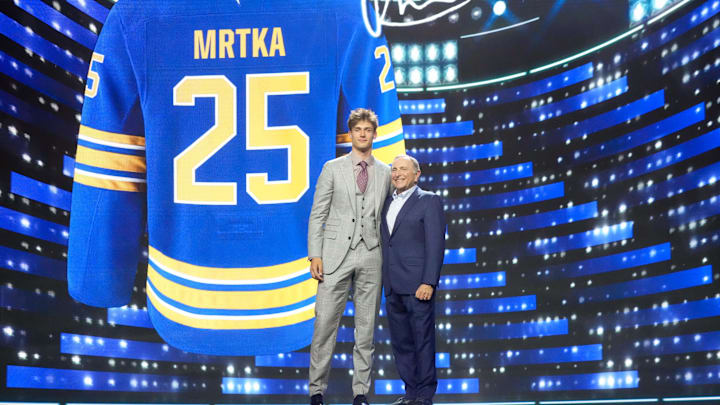 Jun 27, 2025; Los Angeles, California, USA; Radim Mrtka is selected as the ninth overall pick to the Buffalo Sabres in the first round of the 2025 NHL Draft at Peacock Theater. Mandatory Credit: Kirby Lee-Imagn Images