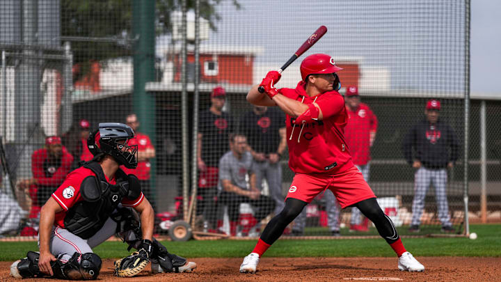 Cincinnati Reds second baseman Matt McLain (9) takes live batting practice at the Cincinnati Reds player development complex in Goodyear, Ariz., on Wednesday, Feb. 11, 2026.