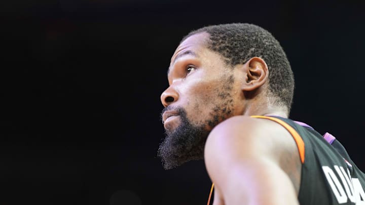 Apr 26, 2024; Phoenix, Arizona, USA; Phoenix Suns forward Kevin Durant (35) looks on against the Minnesota Timberwolves during the second half of game three of the first round for the 2024 NBA playoffs at Footprint Center. Mandatory Credit: Joe Camporeale-USA TODAY Sports