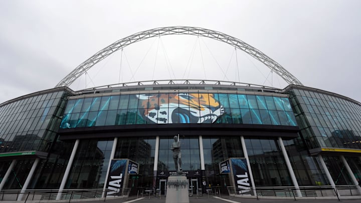 Oct 1, 2023; London, United Kingdom; The Jacksonville Jaguars logo on the Wembley Stadium facade Oct 1, 2023; London, United Kingdom; The Jacksonville Jaguars logo on the Wembley Stadium facade