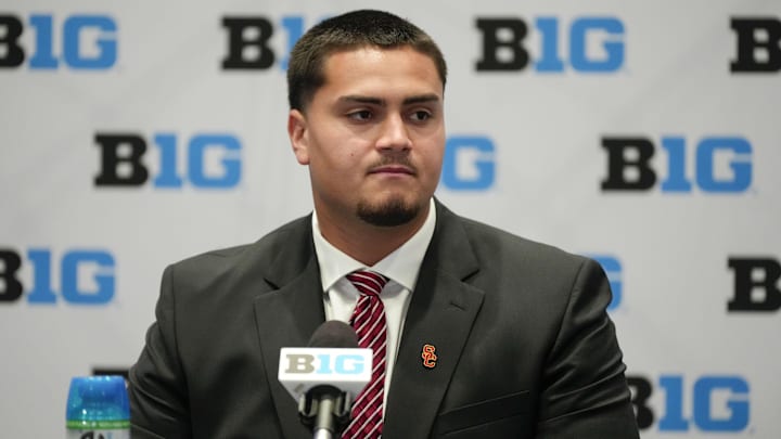 Jul 24, 2025; Las Vegas, NV, USA; USC offensive lineman Elijah Paige speaks to the media during the Big Ten NCAA college football media days at Mandalay Bay Resort. Mandatory Credit: Lucas Peltier-Imagn Images Jul 24, 2025; Las Vegas, NV, USA; USC offensive lineman Elijah Paige speaks to the media during the Big Ten NCAA college football media days at Mandalay Bay Resort. Mandatory Credit: Lucas Peltier-Imagn Images