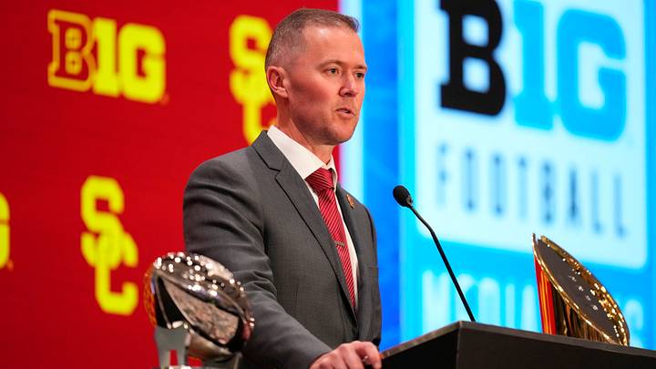 Jul 24, 2025; Las Vegas, NV, USA; USC head coach Lincoln Riley speaks to the media during the Big Ten NCAA college football media days at Mandalay Bay Resort. Mandatory Credit: Lucas Peltier-Imagn Images