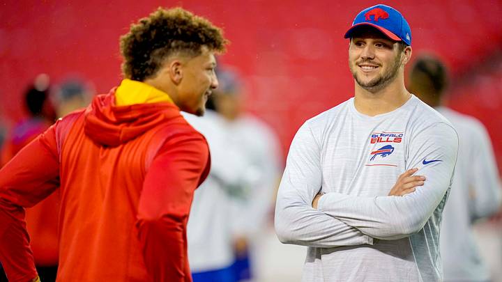 Buffalo Bills quarterback Josh Allen (17) talks with Kansas City Chiefs quarterback Patrick Mahomes (15) before the game. Buffalo Bills quarterback Josh Allen (17) talks with Kansas City Chiefs quarterback Patrick Mahomes (15) before the game.