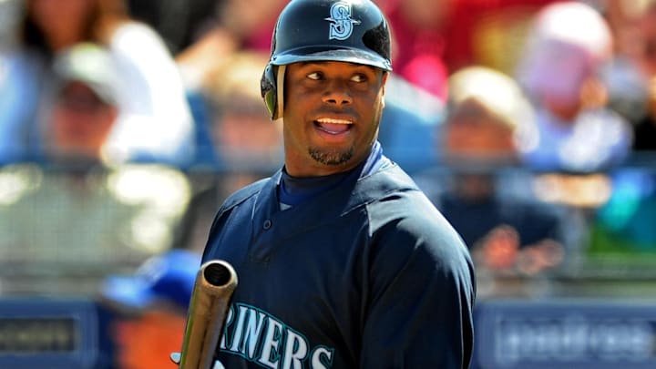 Mar. 12, 2010; Peoria, AZ, USA; Seattle Mariners designated hitter Ken Griffey Jr  against the Kansas City Royals at Peoria Stadium. Mandatory Credit: Mark J. Rebilas-Imagn Images