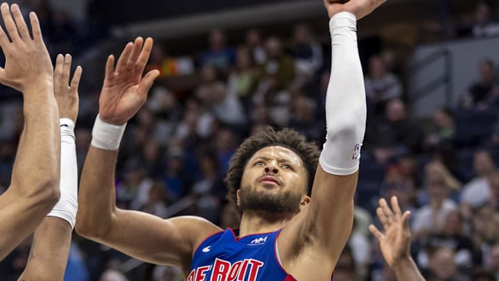 Mar 27, 2024; Minneapolis, Minnesota, USA; Detroit Pistons guard Cade Cunningham (2) drives to the Mar 27, 2024; Minneapolis, Minnesota, USA; Detroit Pistons guard Cade Cunningham (2) drives to the