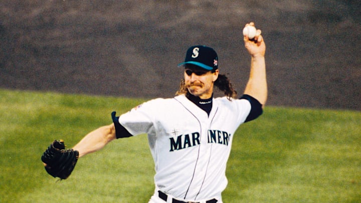 Seattle Mariners pitcher Randy Johnson in action on the mound against at the Kingdome in 1997.