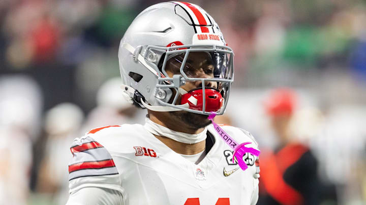 Jan 20, 2025; Atlanta, GA, USA; Ohio State Buckeyes linebacker C.J. Hicks (11) against the Notre Dame Fighting Irish during the CFP National Championship college football game at Mercedes-Benz Stadium. Mandatory Credit: Mark J. Rebilas-Imagn Images Jan 20, 2025; Atlanta, GA, USA; Ohio State Buckeyes linebacker C.J. Hicks (11) against the Notre Dame Fighting Irish during the CFP National Championship college football game at Mercedes-Benz Stadium. Mandatory Credit: Mark J. Rebilas-Imagn Images