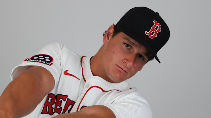 Boston Red Sox outfielder Roman Anthony (48) participates in media day at JetBlue Park at Fenway South in 2025.