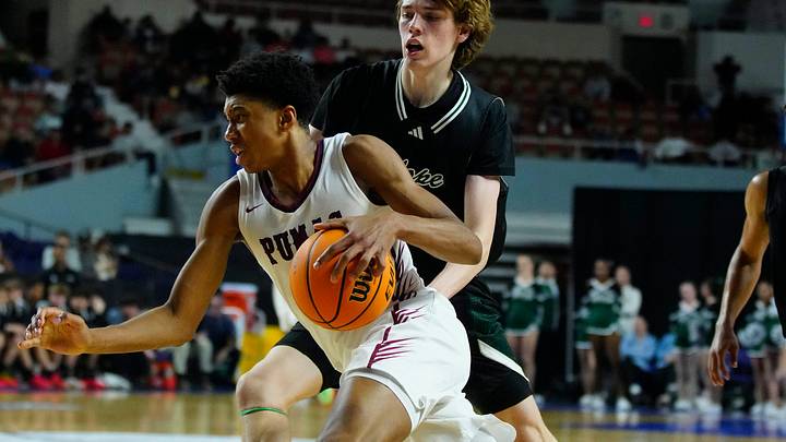 Perry guard Bruce Branch III (3) drives against Sunnyslope during the Boys Open State Championship at Arizona Veterans Memorial Coliseum on March 8, 2025.