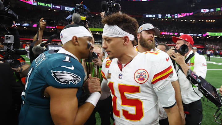 Feb 9, 2025; New Orleans, LA, USA; Philadelphia Eagles quarterback Jalen Hurts (1) shakes hands with Kansas City Chiefs quarterback Patrick Mahomes (15) after Super Bowl LIX at Ceasars Superdome. Mandatory Credit: Mark J. Rebilas-Imagn Images Feb 9, 2025; New Orleans, LA, USA; Philadelphia Eagles quarterback Jalen Hurts (1) shakes hands with Kansas City Chiefs quarterback Patrick Mahomes (15) after Super Bowl LIX at Ceasars Superdome. Mandatory Credit: Mark J. Rebilas-Imagn Images