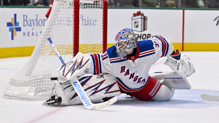 Dec 20, 2024; Dallas, Texas, USA; New York Rangers goaltender Igor Shesterkin (31) makes a save on a Dallas Stars shot during the second period at the American Airlines Center. Mandatory Credit: Jerome Miron-Imagn Images Dec 20, 2024; Dallas, Texas, USA; New York Rangers goaltender Igor Shesterkin (31) makes a save on a Dallas Stars shot during the second period at the American Airlines Center. Mandatory Credit: Jerome Miron-Imagn Images
