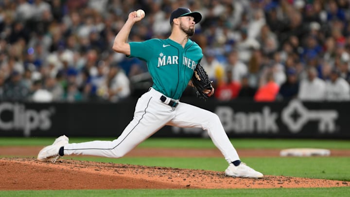 Seattle Mariners reliever Matt Brash throws during a game against the Los Angeles Dodgers on Sept. 16, 2023, at T-Mobile Park.