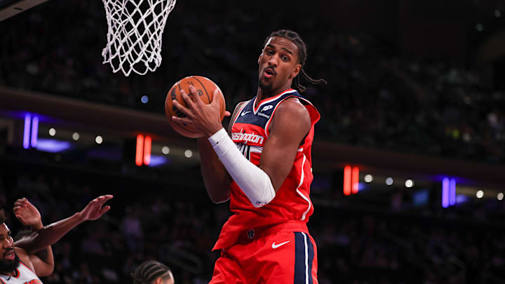 Oct 9, 2024; New York, New York, USA; Washington Wizards forward Alex Sarr (20) rebounds during the second half against the New York Knicks at Madison Square Garden.