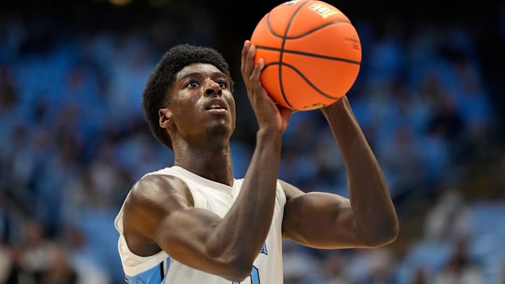 Nov 15, 2024; Chapel Hill, North Carolina, USA; North Carolina Tar Heels guard Drake Powell (9) at the free throw line in the second half at Dean E. Smith Center