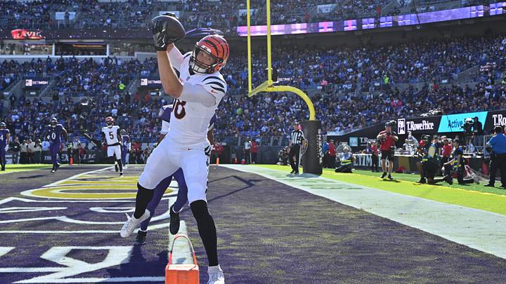 Oct 25, 2026; Baltimore, Maryland, USA;  Cincinnati Bengals tight end Mike Gesicki (88) makes a tach for a touchdown during the second half against the Baltimore Ravens at M&T Bank Stadium.  Mandatory Credit: Jamie Sabau-Imagn Images
