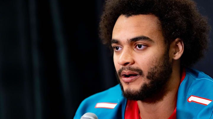 New Mexico Lobos defensive end Keyshawn James-Newby speaks to members of the press during a Rate Bowl media day at JW Marriott Camelback Inn in Scottsdale on Dec. 24, 2025.