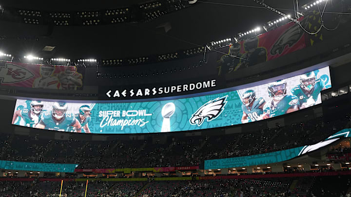 Feb 9, 2025; New Orleans, LA, USA; An overall view of signage displayed after the Philadelphia Eagles defat the Kansas City Chiefs in Super Bowl LIX at Caesars Superdome. Mandatory Credit: Kirby Lee-Imagn Images Feb 9, 2025; New Orleans, LA, USA; An overall view of signage displayed after the Philadelphia Eagles defat the Kansas City Chiefs in Super Bowl LIX at Caesars Superdome. Mandatory Credit: Kirby Lee-Imagn Images
