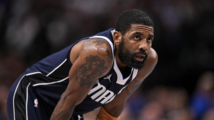 Feb 12, 2025; Dallas, Texas, USA; Dallas Mavericks guard Kyrie Irving (11) during the game between the Dallas Mavericks and the Golden State Warriors at the American Airlines Center. Mandatory Credit: Jerome Miron-Imagn Images