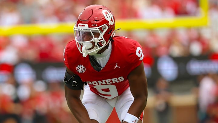 Aug 30, 2025; Norman, Oklahoma, USA;  Oklahoma Sooners defensive back Gentry Williams (9) during the game against the Illinois State Redbirds at Gaylord Family-Oklahoma Memorial Stadium. Mandatory Credit: Kevin Jairaj-Imagn Images