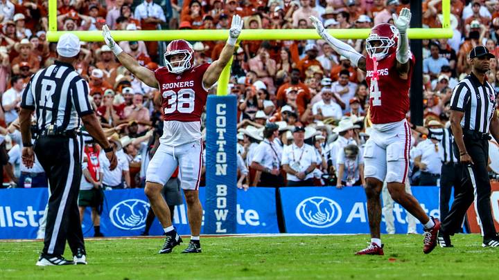 Oklahoma linebacker Owen Heinecke and defensive back Courtland Guillory celebrate after Texas' missed field goal. Oklahoma linebacker Owen Heinecke and defensive back Courtland Guillory celebrate after Texas' missed field goal.