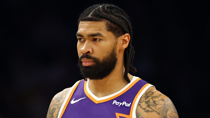 Nov 29, 2025; Phoenix, Arizona, USA; Phoenix Suns center Nick Richards (2) against the Denver Nuggets at the Mortgage Matchup Center. Mandatory Credit: Mark J. Rebilas-Imagn Images