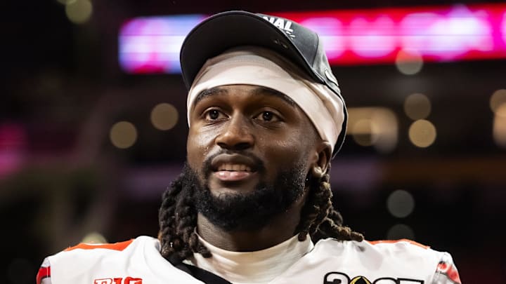 Jan 20, 2025; Atlanta, GA, USA; Ohio State Buckeyes cornerback Denzel Burke (10) against the Notre Dame Fighting Irish during the CFP National Championship college football game at Mercedes-Benz Stadium. Mandatory Credit: Mark J. Rebilas-Imagn Images