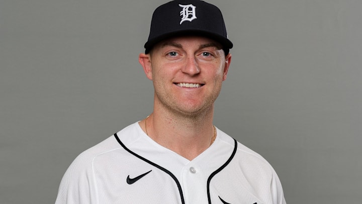 Feb 17, 2026; Lakeland, FL, USA; Detroit Tigers pitcher Bailey Horn (57) poses for a photo during media day at Publix Field.  