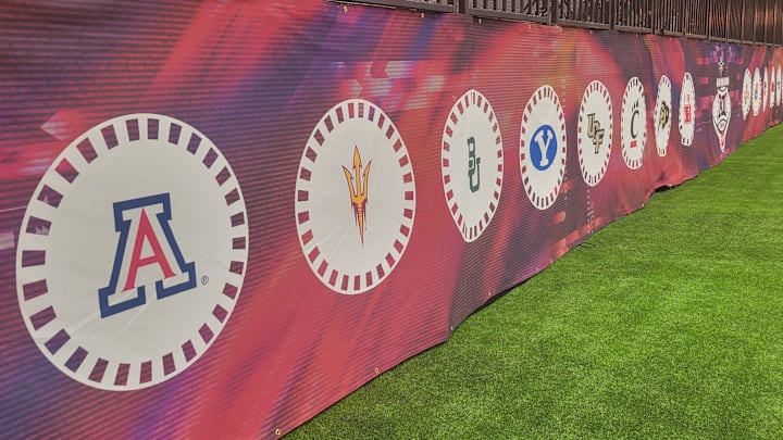 The Big 12 school's logos on display at the Big 12 Conference's Media Day on July 10, 2024.