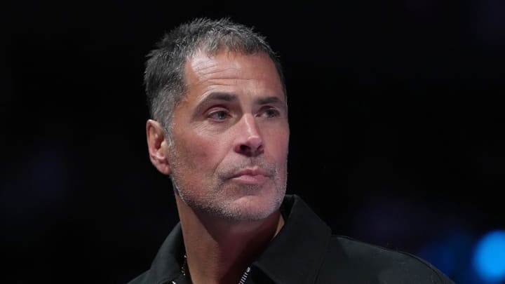 Dec 9, 2023; Las Vegas, Nevada, USA; Los Angeles Lakers general manager Rob Pelinka looks on before the in season tournament championship final against the Indiana Pacers at T-Mobile Arena. Mandatory Credit: Kyle Terada-USA TODAY Sports