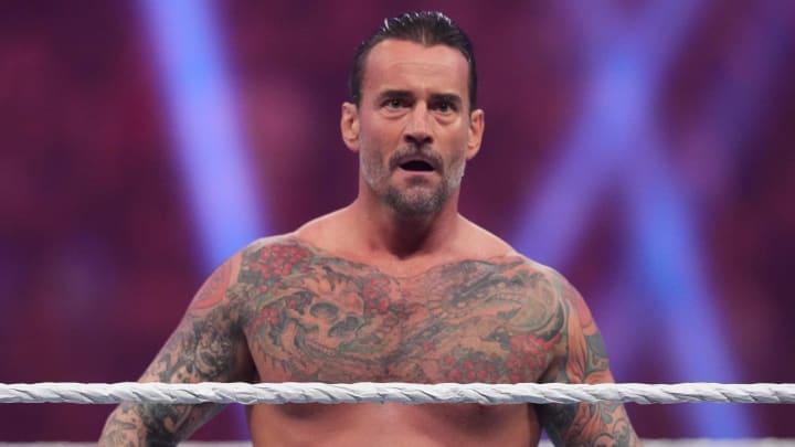 Jan 27, 2024; St. Petersburg, FL, USA; CM Punk reacts during the Men's Royal Rumble match at Tropicana Field.