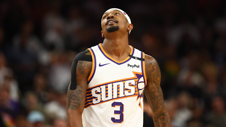 Oct 28, 2024; Phoenix, Arizona, USA; Phoenix Suns guard Bradley Beal (3) against the Los Angeles Lakers at Footprint Center. Mandatory Credit: Mark J. Rebilas-Imagn Images